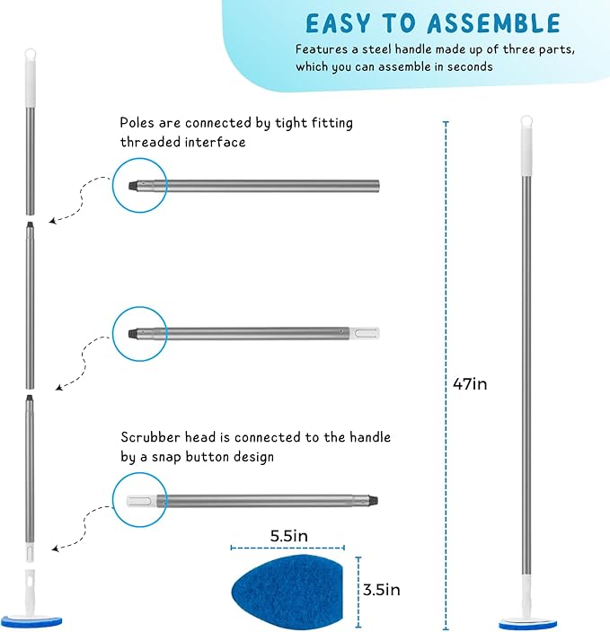 Shower Scrubber, Bathroom Tub and Tile Cleaner Brush with Long Handle, 47'' Bathtub Cleaning Tool with 6 Refill Pads