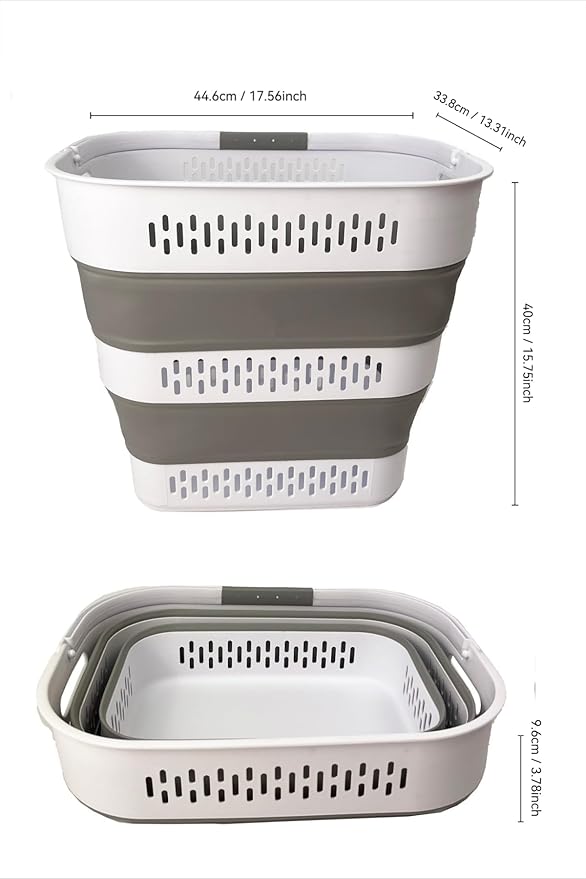 SAMMART 38L(10 Gal) Collapsible Laundry Basket - Foldable Pop-Up Storage Container/Organizer-Portable Space Saving Hamper, Measure 17.5x13.3x15.7/3.8" Expanded/Collapsed (1, White/Grey)