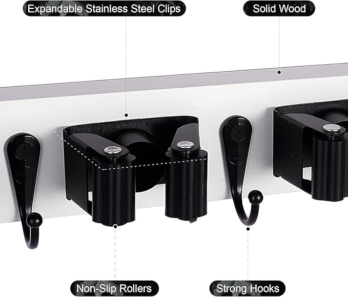 2 Pack Broom Holder Wall Mount With 5 Slots & 4 Hooks，Rustic Wood Broom & Mop Hanger，Wall Mounted Garden & Garage Tool Storage Organizer Rack for Closet Laundry Room or Kitchen Wall Decor White