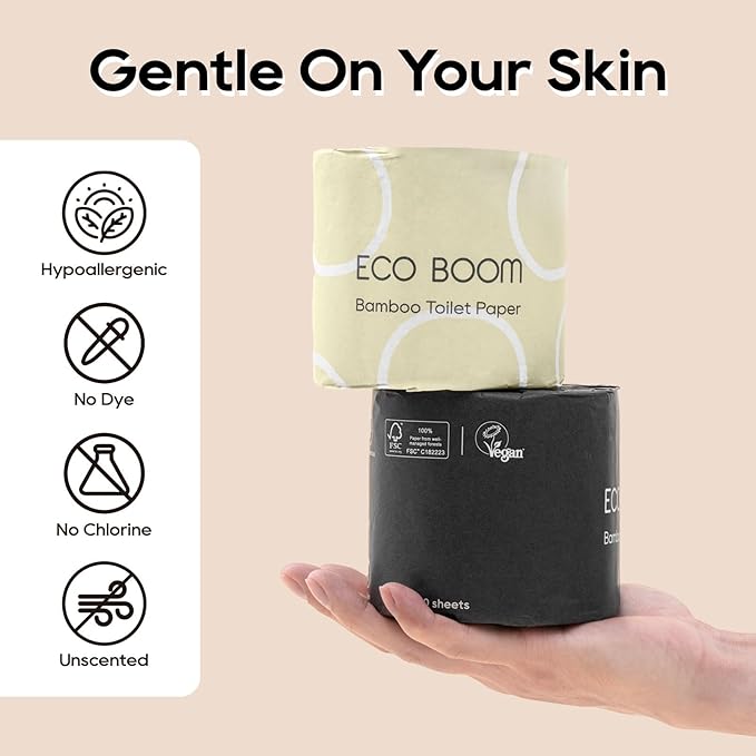 ECO BOOM Unbleached Bamboo Toilet Paper, 100% Tree-Free & Plastic-Free, 3-Ply Strong, FSC Certified, Unscented, 9 Rolls, 360 Sheets | PFAS Free, BPA Free & Septic Safe