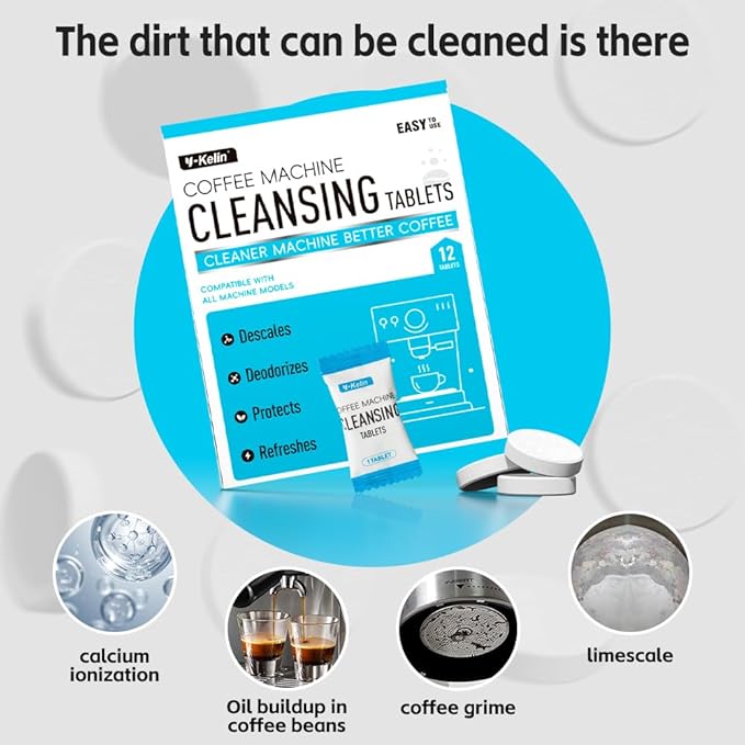Y-Kelin Coffee Maker Cleaner And Descaler Tablets - 12Count Descaling & Cleaning Solution for Coffee Makers, Pot, Espresso Machines Removes Stains & Oils