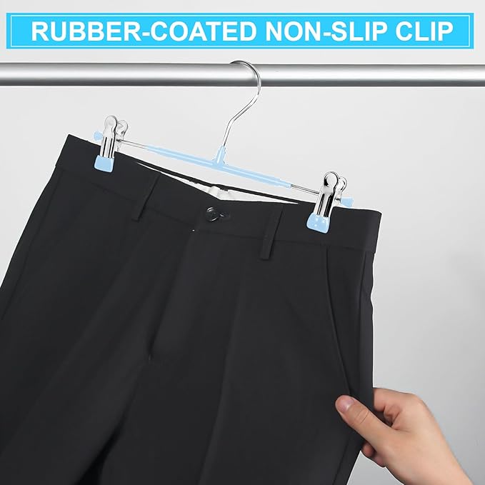 POZEAN Pants Hangers with Clips 30Pack, 12Inch Adjustable Skirt Hangers for Women, Space Saving Non-Slip Hangers for Shorts, Jeans, Coat, Kids' Clothes (Blue, 30Pack)