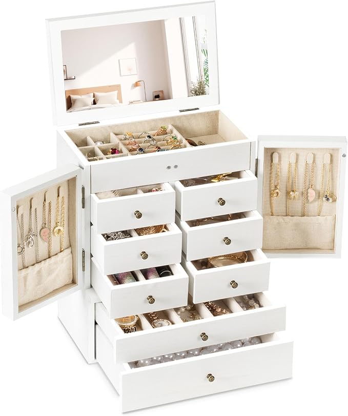 Emfogo Jewelry Box for Women Wooden Jewelry Boxes & Organizers 5-Layer Rustic Large Jewelry Organizer Box with Mirror & 8 Drawers for Rings Earrings Necklaces Bracelets Women Girls Gifts