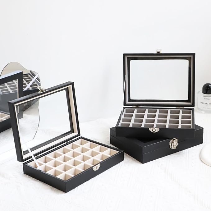 Wudygirl 24 Grid Jewelry Box Velvet Jewelry Organizer with Clear Lid Ring Holder for Drawers Earring Holder Organizer Ring Storage Jewelry Display Case for Women Girls (Beige)