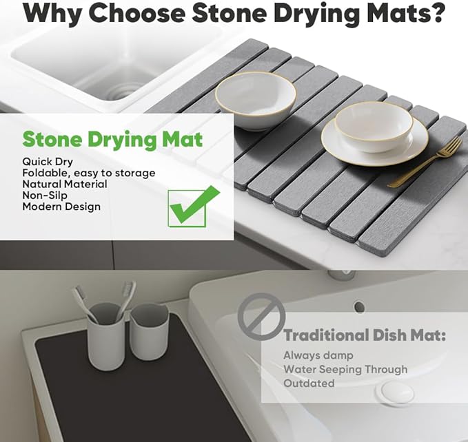 Stone Drying Mat for Kitchen Counter, Quick Diatomaceous Earth Mats for Dishes, 23.6"L x 15.7" W Super Absorbent Fast Drying Collapsible Countertop Stone Mat (Light Grey, Extra Large)
