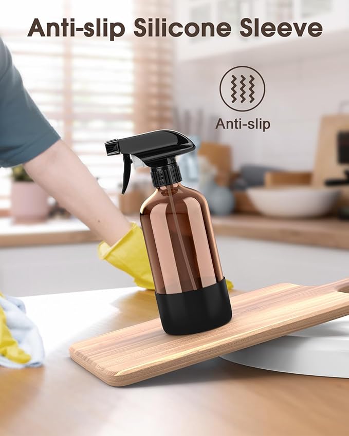 Bontip Glass Spray Bottle with Silicone Sleeve Protection, Amber Glass Spray Bottle Set for Window Cleaner Aromatherapy Facial Hydration Watering Flowers Hair Care 2 Pack/16 oz (Black & Brown)