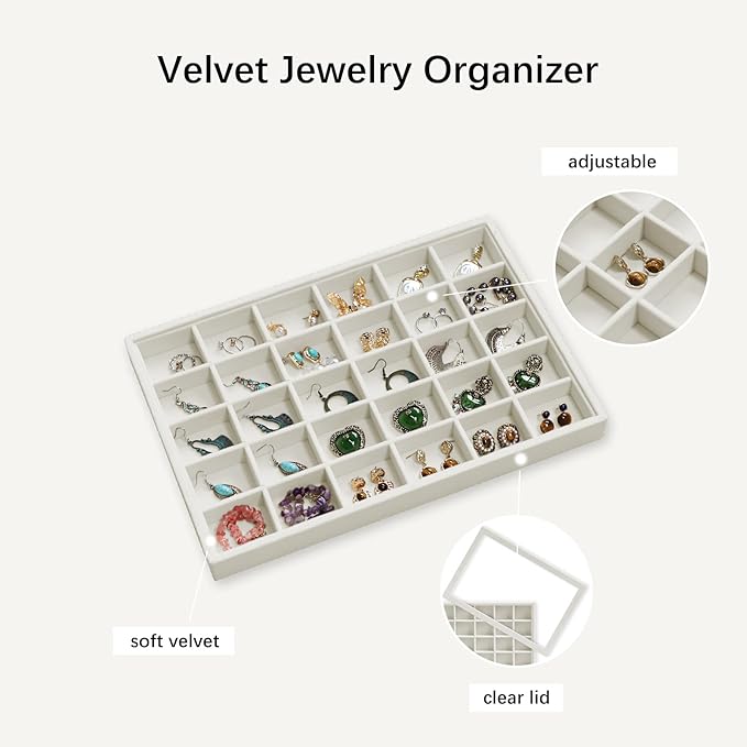 Wudygirl Jewelry Organizer Stackable Jewelry Tray for Drawer Velvet Earring Holder Organizer with Lid Dust-proof Earring Case Ring Storage for Women Drawer Inserts 30 Grid (Beige)