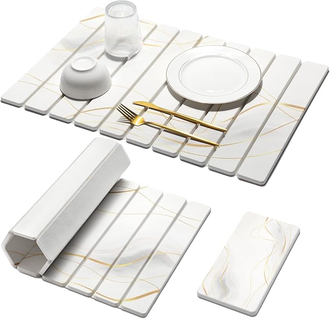 Large Stone Dish Drying Mat for Kitchen Counter, 2PCS 24"×16" & 8“x4" Quick Dry Stone Dishes Mats, Marbled Water Absorbing Diatomaceous Earth Drying Pad for Countertop Bottles Utensils Cups,White Gold