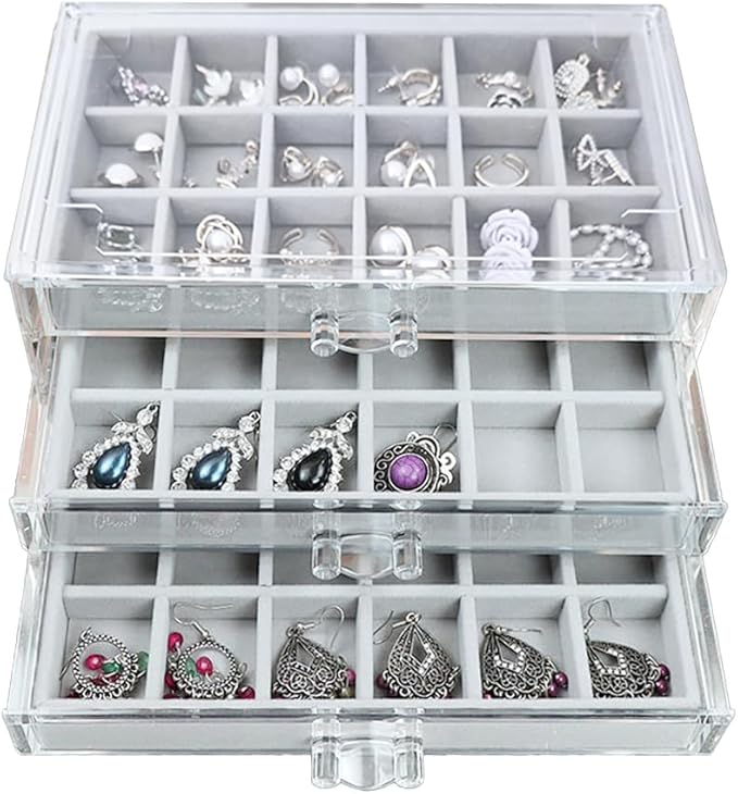 Acrylic Earring Organizer Box with 3 Drawers Clear Stud Earrings Holder Organizer with Velvet Trays Stackable Jewelry Organizer Box 54 Grids Earring Display Case for Women Girls (Grey)