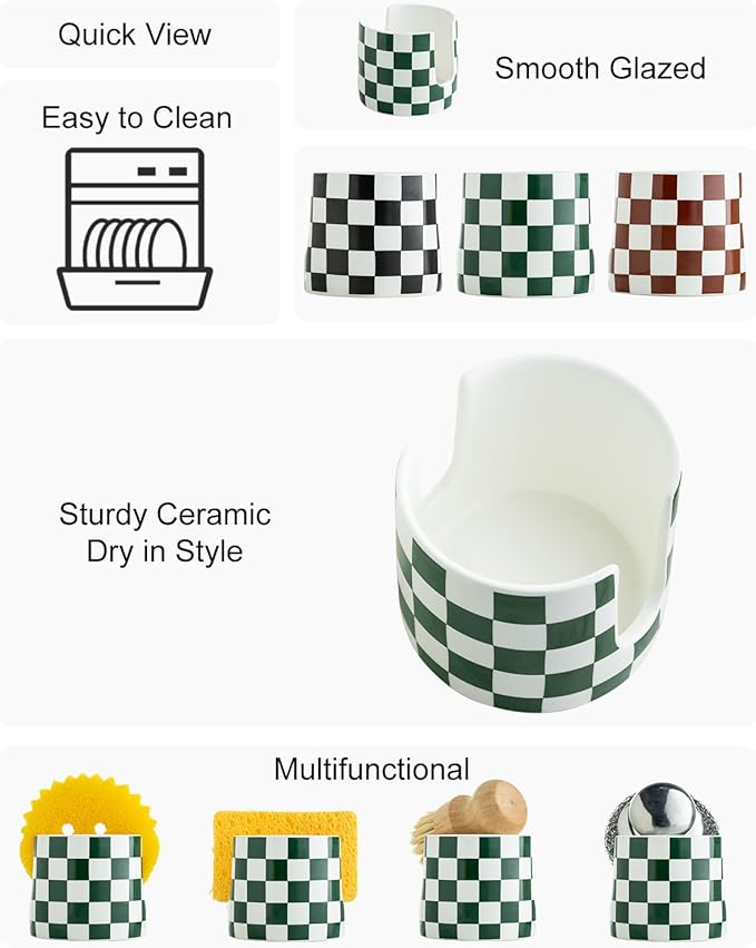 Zoeeker Ceramic Kitchen Sponge Holder, Dish Sponge Holder Suitable for Scrubby Farmhouse Dish Rack Brush Holder for Christmas Bathroom, Kitchen, Sink, Green and White