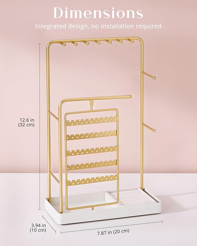 ProCase Jewelry Stand Holder Organizer, Jewelry Display Storage with Ring Tray, No-Assembly Needed, Rotating Earring Bracelet Necklace Holder, Christmas Gifts Room Dorm Decor for Teen Girls -Gold