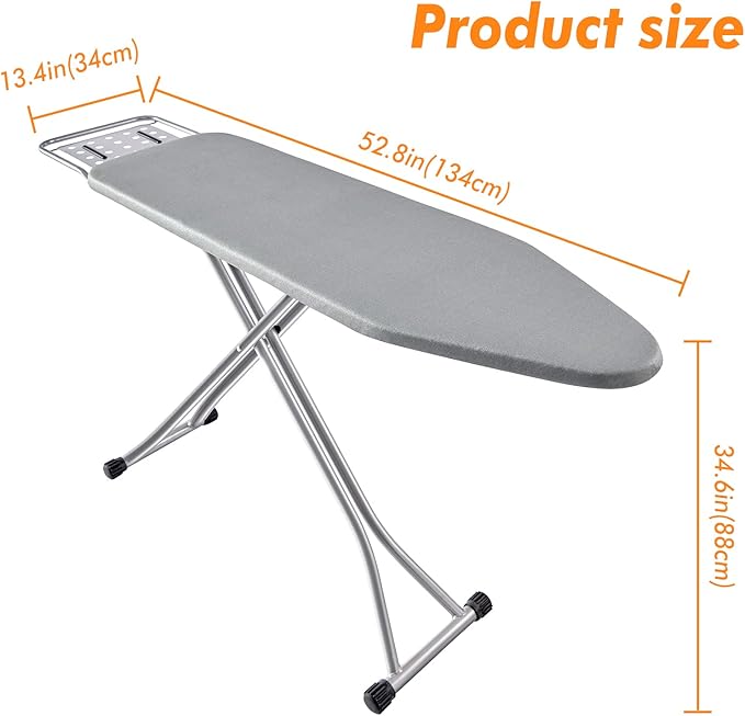 BKTD Ironing Board, Heat Resistant Cover Iron Board with Steam Rest, Non-Slip Foldable Ironing Stand. Heavy Sturdy Metal Frame Legs Iron Stand(13 * 34 * 53 Inches) (Silver Gray)
