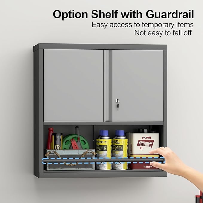 Wall Cabinet,Garage Cabinets Wall Mounted with Locking Doors,Hanging Cabinet with Adjustable Shelf,Floating Upper Storage Cabinet,Grey