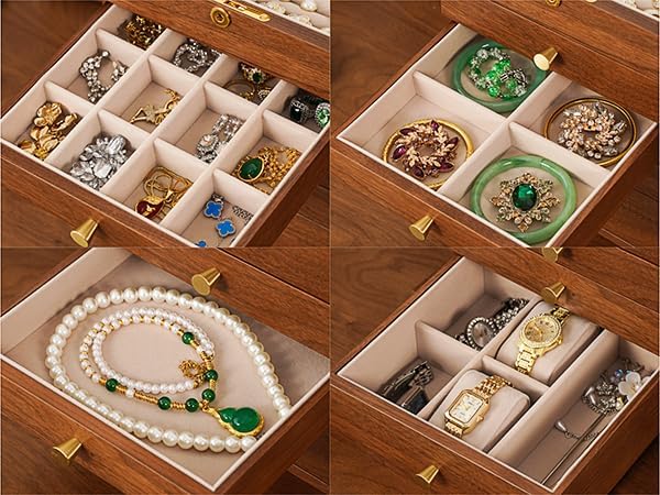 Walnut Wooden Jewelry Box,5-Layer Mirror,Velvet Jewelry Organizer with 11.8x7.8x10.4 Inches,Side Doors Brass Handle Jewelry Organizers Storage for Women Bridesmaid Christmas Gifts