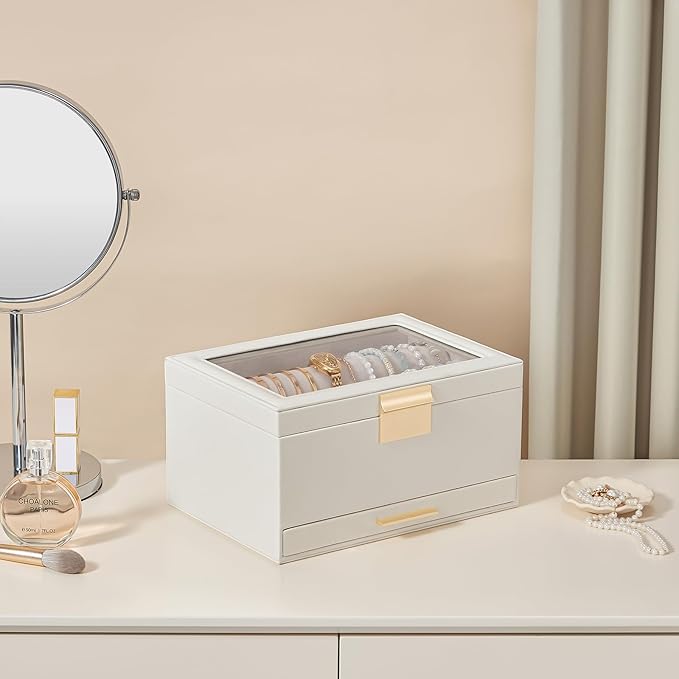 Lolalet Bracelet Holder Organizer with Clear Lid and Drawer, Bangle Storage Box Jewelry Display Holder for Watches, Jewellery Case for Women -White