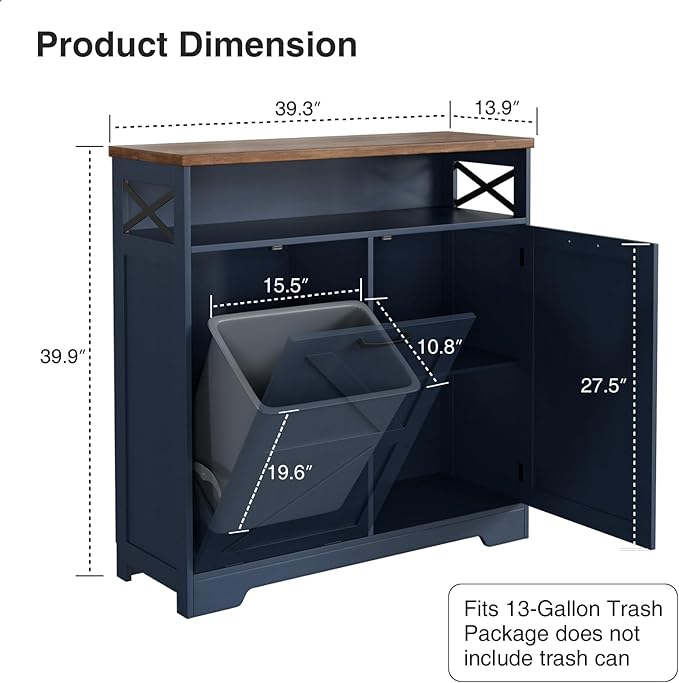 Tilt Out Trash Can Cabinet for 13 * 1 Gallon Trash Can, Farmhouse Kitchen Island Cabinet with Adjustable Shelf for Hidden Laundry Basket, Dog Proof Garbage Can for Dining Living Room, Blue
