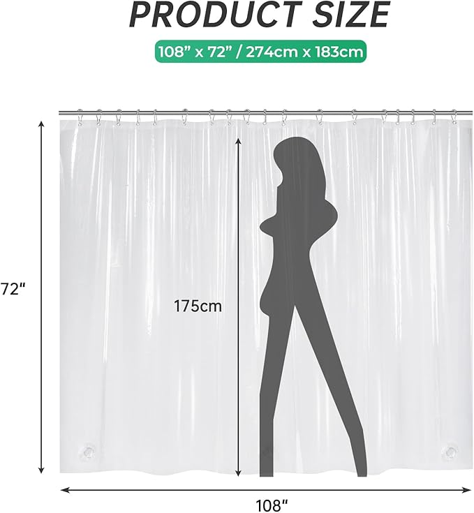 AmazerBath Extra Wide Shower Curtain Clear 108 Inches Wide, Wrap Around Shower Curtain for Clawfoot Tub, Heavy Duty PEVA with 3 Weighted Stones and 18 Grommet Holes, 108x72 Inches