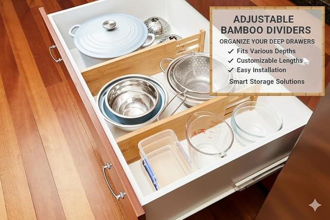 Thomas Grace Homewares Bamboo Kitchen Drawer Organizer Divider Stackable for Deep Drawers. (Set-of- 4) Spring Loaded Dividers that are Expandable & Adjustable. Kitchen Organizer.