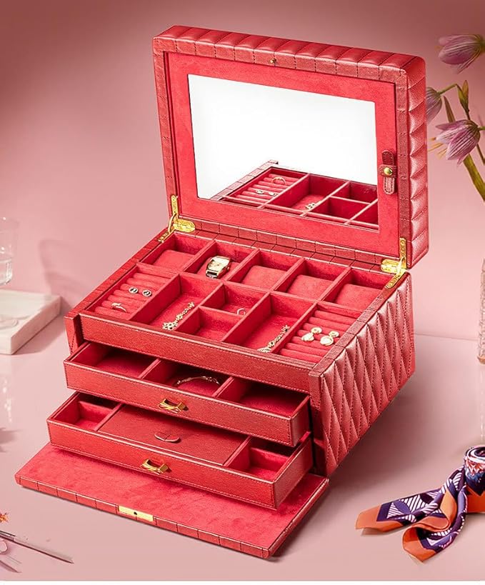 Genuine Leather Jewelry Box – 3 Layer Large Jewelry Organizer with Mirror, Lockable Jewelry Box for Women – Necklace, Ring, Earring Organizer with Drawer - Valentine's Day Gifts(Red)