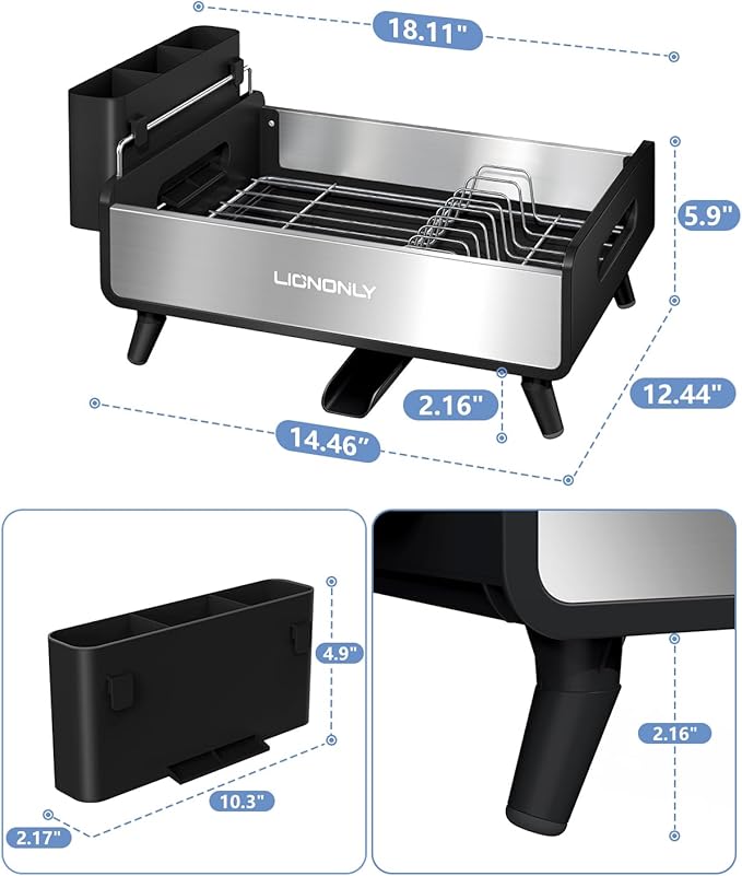 LIONONLY Dish Drying Rack, Thicker Premium Aluminum Frame and 304 Stainless Steel Plate Rack for Kitchen Counter, Automatic Drainage Spout, Dish Drainer & Drainboard Set with Utensil Holder, Black