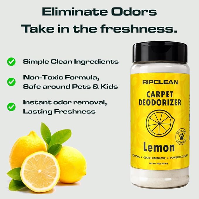 Ripclean Carpet Deodorizer & Freshener Cleaning Powder, Odor Eliminator for Strong Odors & Homes w/Pets, Safe around Kids & Pets, Use on Carpet, Rugs, Upholstery & More (16 Ounce, Lemon)