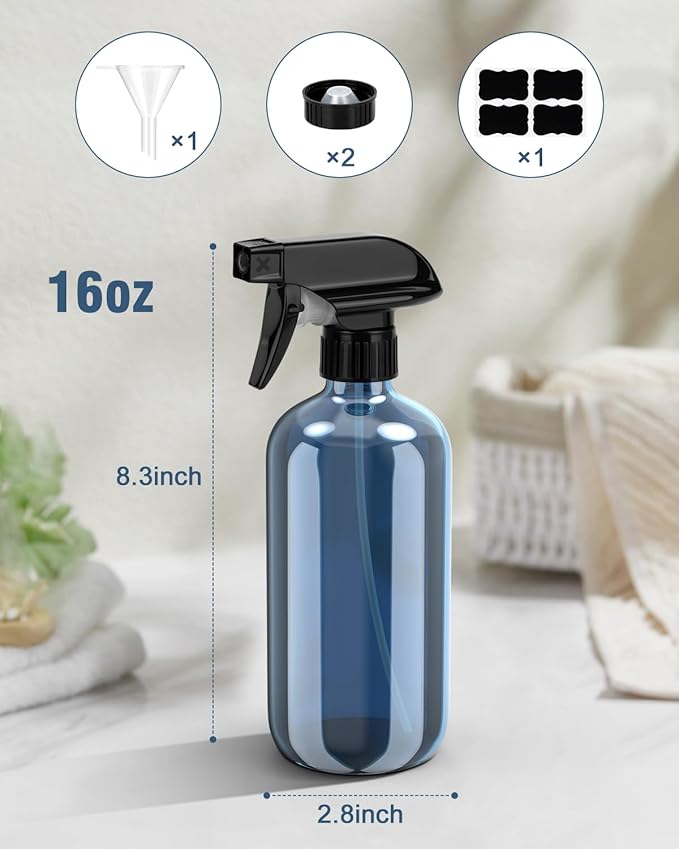 Bontip Glass Spray Bottle, Indigo Blue Glass Spray Bottle Set & Accessories Refillable for Plants Window Cleaners Aromatherapy Facial Hydration Watering Flowers Hair Care (2 Pack/16 oz)(Indigo)