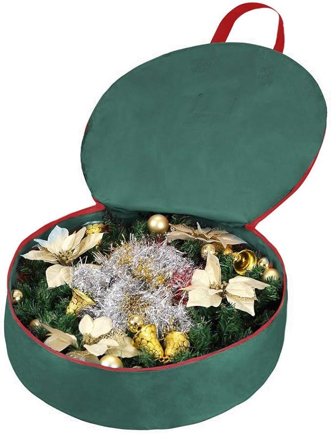 Primode Heavy Duty Christmas Wreath Storage Bag 24"- Garland Wreaths Container with Handles - Durable 600D Oxford Polyester Material Holiday Wreaths Storage Holder 24” (Green)