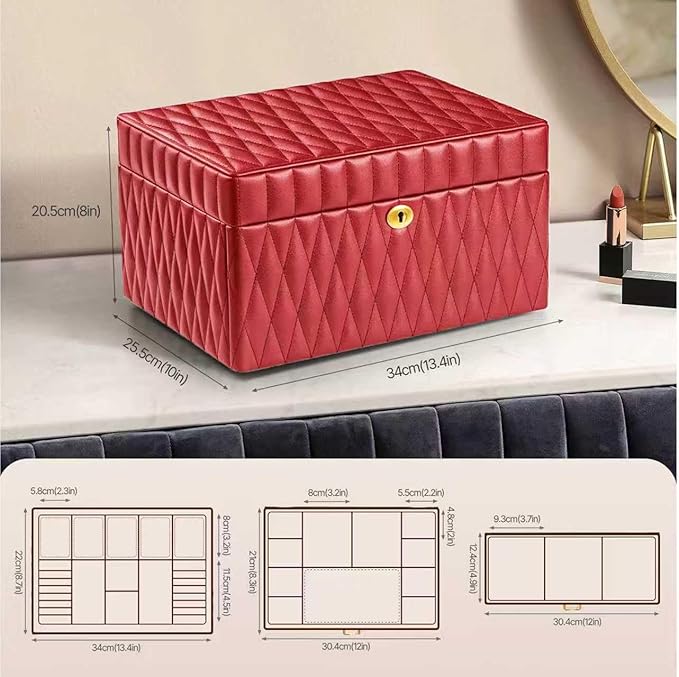 Genuine Leather Jewelry Box – 3 Layer Large Jewelry Organizer with Mirror, Lockable Jewelry Box for Women – Necklace, Ring, Earring Organizer with Drawer - Valentine's Day Gifts(Red)