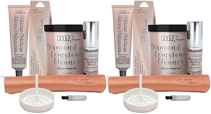 FLITZ Jewelry Cleaning Kit - USA-Made 1.7oz Jewelry Cleaner Cream, 1.7oz Spray, a Suede Cloth, and 7oz Gold & Sterling Silver Cleaner Dip Jar with Tray & Brush - Tarnish Remover Kit