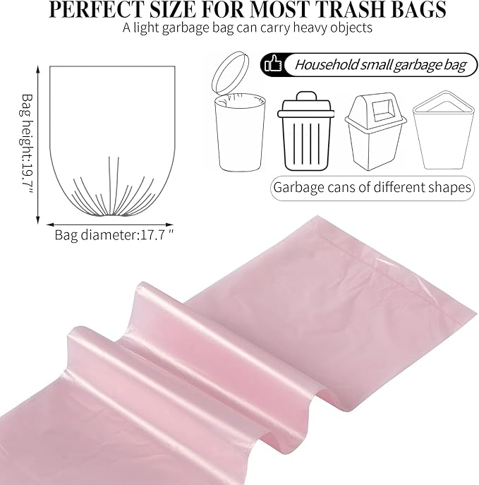 5 Rolls Small Trash Bags - 200 Counts Durable 4 Gallon Small Garbage Bags for home office kitchen Bathroom Bedroom Trash Can liners（Pink）