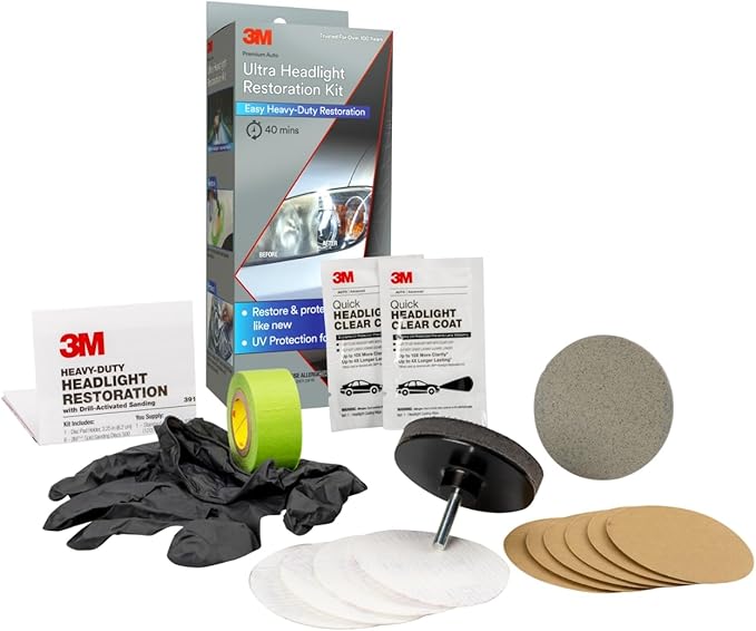 3M Ultra Headlight Restoration Kit, Contains Masking Tape, Light Sanding Discs, Wax Protectant and More, Use on Plastic Lenses Headlights, Taillights and More, Easy Heavy-Duty Restoration (39195)