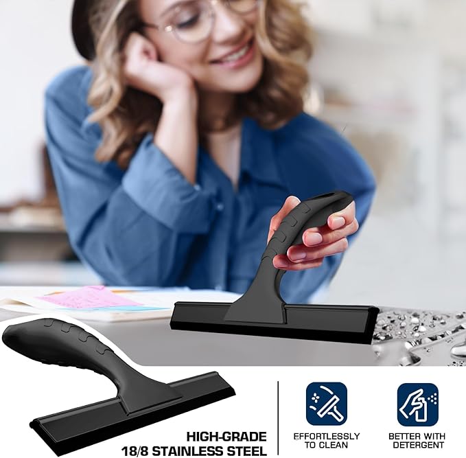 All-Purpose Shower Squeegee for Shower Doors with 2 Adhesive Hooks, Bathroom Cleaner Tool Household Window Mirror Squeegee for Clean, Glass Door, Tile Wall, Car, Stainless Steel, 12 Inch Black