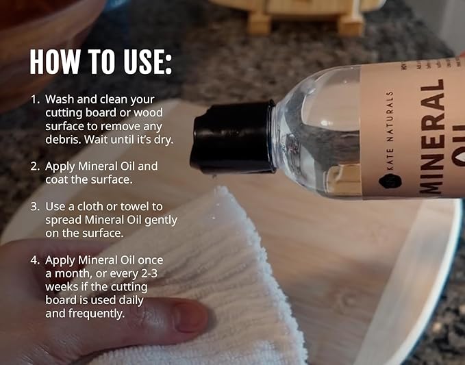 Kate Naturals Mineral Oil for Cutting Board 12oz with Wax Applicator. Food Grade & Food Safe Mineral Oil to Protect Wood on Cutting Boards, Butcher Block & Bamboo Boards