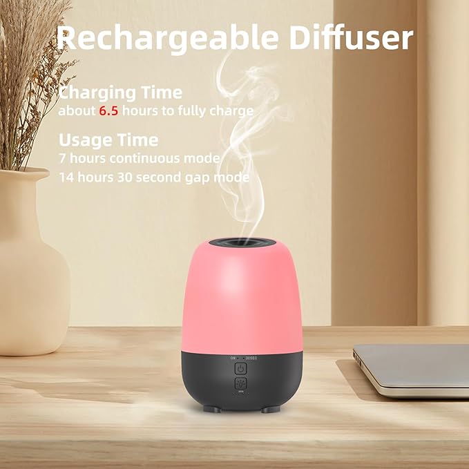 150ML Rechargeable Battery Powered Essential Oil Diffuser, Cordless Portable Aromatherapy Diffuser,7-Hour Run time, 7-Color LED Lights