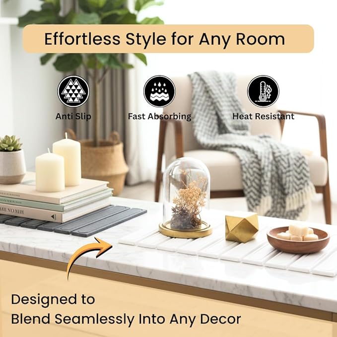 2-In-1 Stone Dish Drying Mat Set For Kitchen Counter.New Collapsiable Diatomaceous Earth Stone Drying Mat Set Includes 1-Stone Dish Drying Mat 23.6"(L)x15.3"(W)&1-Stone Faucet Mat 23.6"(L)x4(W)(WHITE)