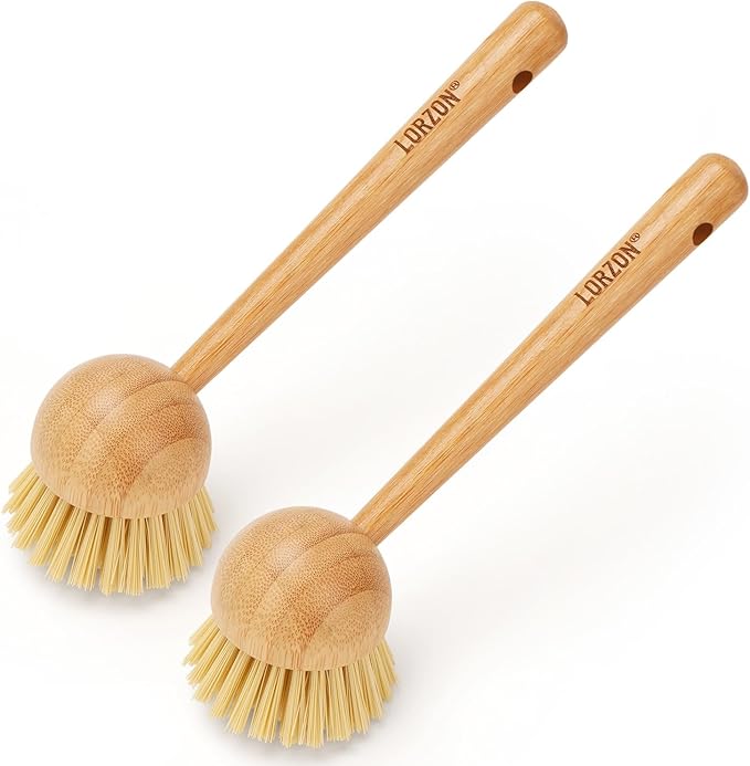 Lorzon 2 Pack Dish Brush with Handle, Bamboo Dish Scrub Brush, Kitchen Brushes for Dishes, Scrubber, Pots, Pans, Sink, Dishwashing Cleaning Brush