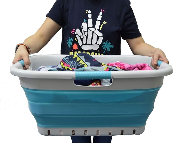 SAMMART 41L (10.8 gallon) Set of 2 Collapsible 3 Handled Plastic Laundry Basket-Foldable Pop Up Storage Container/Organizer-Space Saving Hamper/Basket (2, Grey/Bright Blue)