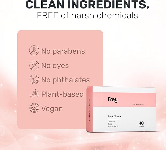 FREY Naturally Scented Dryer Sheets - Fabric Softener for Soft, Fresh & Clean Clothes (1-pack, Jasmine Rose)