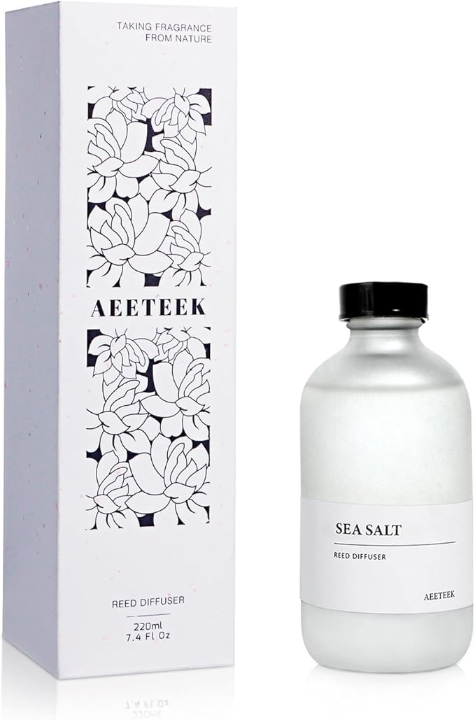 Ocean Mist & Sea Salt Reed Diffuser, 7.4oz(220ml) Sea Salt Musk & Seaweed Essential Oil Refill, Bathroom Air Freshener with Willow Branches Decor, Long Lasting Fragrance for Home (1-Pack)