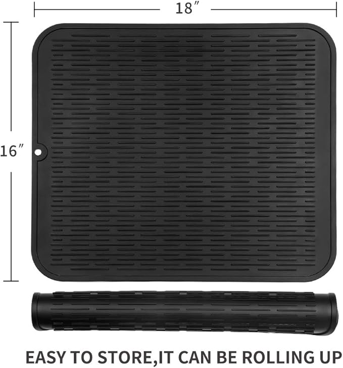 MicoYang Silicone Dish Drying Mat for Multiple Usage,Easy clean,Eco-friendly,Heat-resistant Silicone Mat for Kitchen Counter or Sink,Refrigerator or Drawer Liner Black XL 18 inches x 16 inches