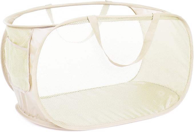 Durable Collapsible Laundry Baskets, Mesh Pop Up Laundry Hamper with Side Pocket, Foldable Clothes Storage Hamper with Reinforced Carry Handles for Laundry, Bathroom, Kids Room, Dorm or Travel Beige