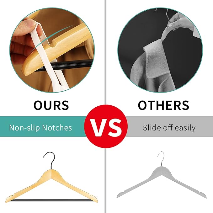 Premium Quality Solid Wood Clothes Hangers for Suits and Coats, Smooth Finishes, Non-Slip Pants Bar, 360° Swivel Soft Coated Hooks. Pack of 20(Clear Natural)
