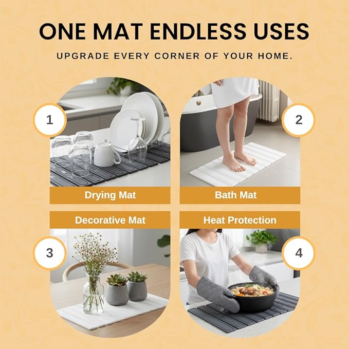 2-In-1 Stone Dish Drying Mat Set For Kitchen Counter.New Collapsiable Diatomaceous Earth Stone Drying Mat Set Includes 1-Stone Dish Drying Mat 23.6"(L)x15.3"(W)&1-Stone Faucet Mat 23.6"(L)x4(W)(WHITE)
