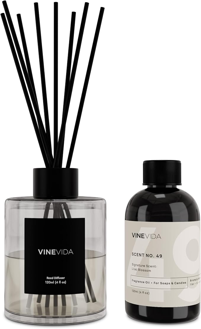 VINEVIDA Scent NO. 49 Reed Diffuser - 120mL (4oz) - Signature Scent: Lilac Blossom, Reed Diffusers for Home, Office, Bathroom, Made in USA Scent Diffuser Sticks, Room Fragrance Diffuser