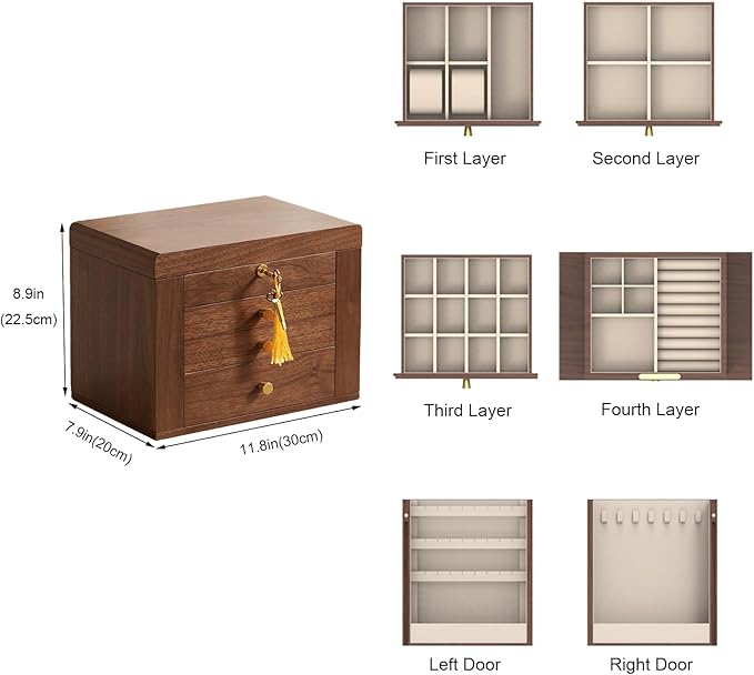Black Walnut Wooden Jewelry Box, Wood Jewelry Organizer with 2 Side Doors Mirror Lockable Classical Style for Watch Necklace Ring Earring Storage Valentine's Day Gifts-4 Layer