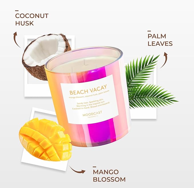 Moodcast Beach Vacay 3 Wick Scented Candle - Large Aesthetic Candle for Home, Mango Blossom, Coconut & Palm Leaf, Clean Coco Wax Blend, Vegan, Paraben Free, 100-Hour Long Lasting Burn - 24oz