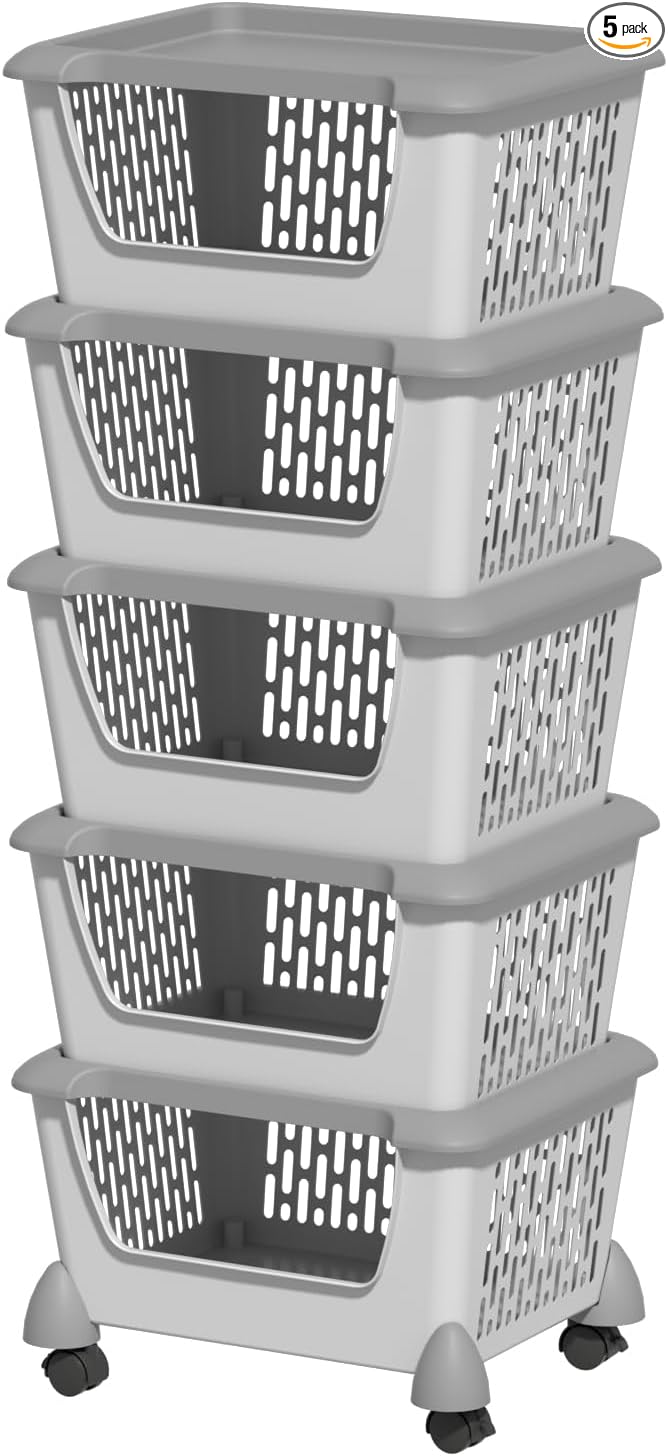 5 Pack Plastic Stackable Storage Bins for Pantry, Open Stacking Storage Basket with Wheels, Gray
