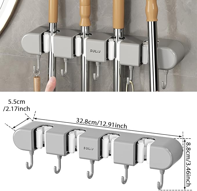 2Pcs Broom Holder Wall Mount, No-Drilling Self-Adhesive Mop and Broom Storage Rack (4 Racks with 5 Hooks),Wall-Mounted Broom Hanger for Bathroom, Kitchen, Closet, Garage, Grey