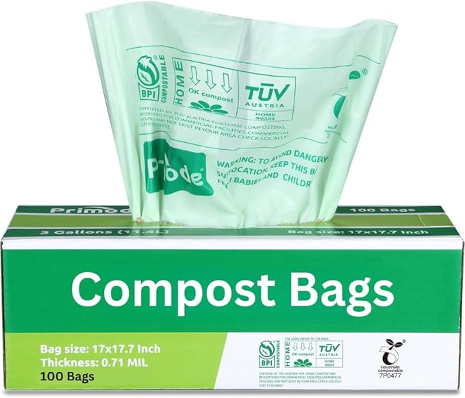 Compost Bags, Compostable Trash Bags 3 Gallon Compostable Bags Small Compost Bags for Countertop bin Extra Thick 0.71 Mil. ASTM D6400 Certified By BPI and TÜV AUSTRIA (3 Gallon, 100 Units)