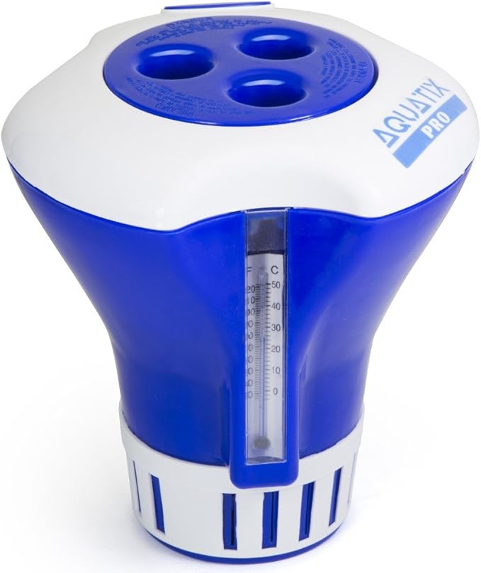 Aquatix Pro Pool Chlorine Floater Dispenser with Thermometer for 1 to 3 inch Tablets, Large & Durable Floating Dispenser for Spa, Hot Tub, In-ground & Above Ground Pools, Adjustable Flow Rate